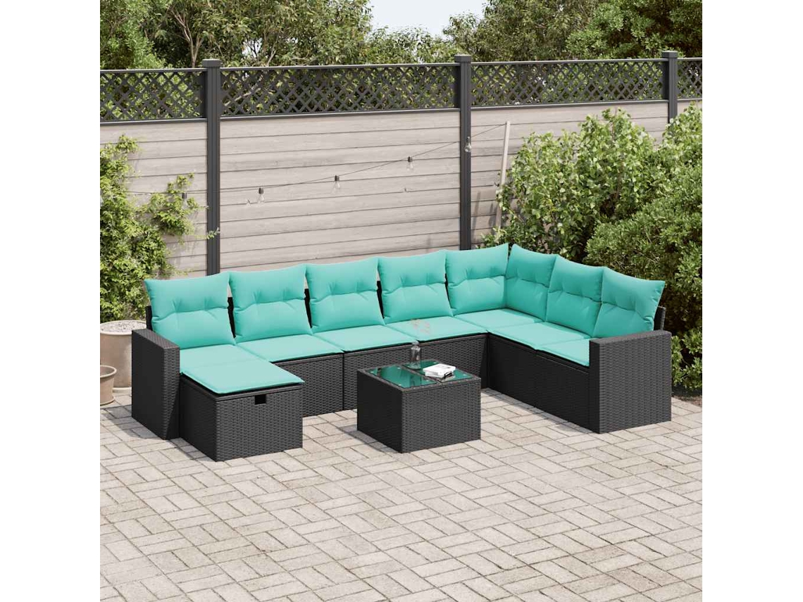 Vidaxl 9 Pcs Conjunto De Sofás P/ Jardim C/ Almofadões Vime Pe Preto