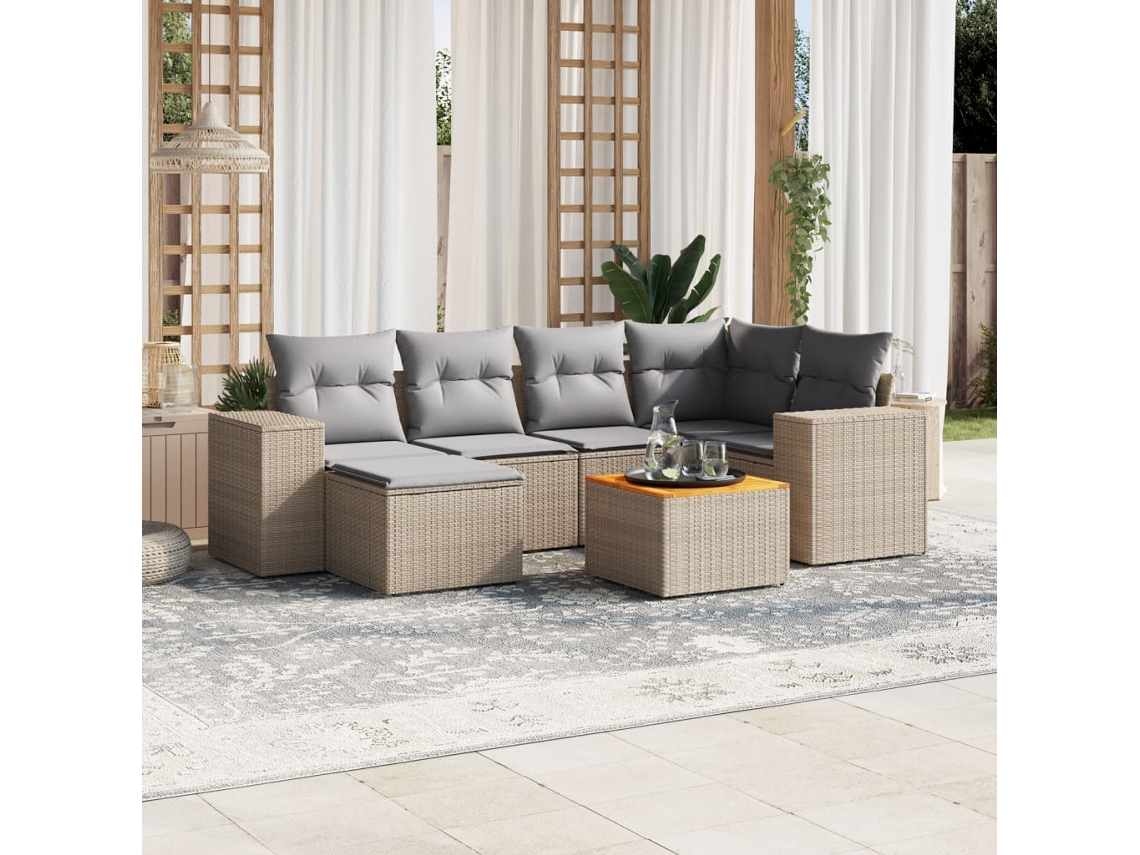 Vidaxl 7 Pcs Conjunto De Sofás P/ Jardim Com Almofadões Vime Pe Bege