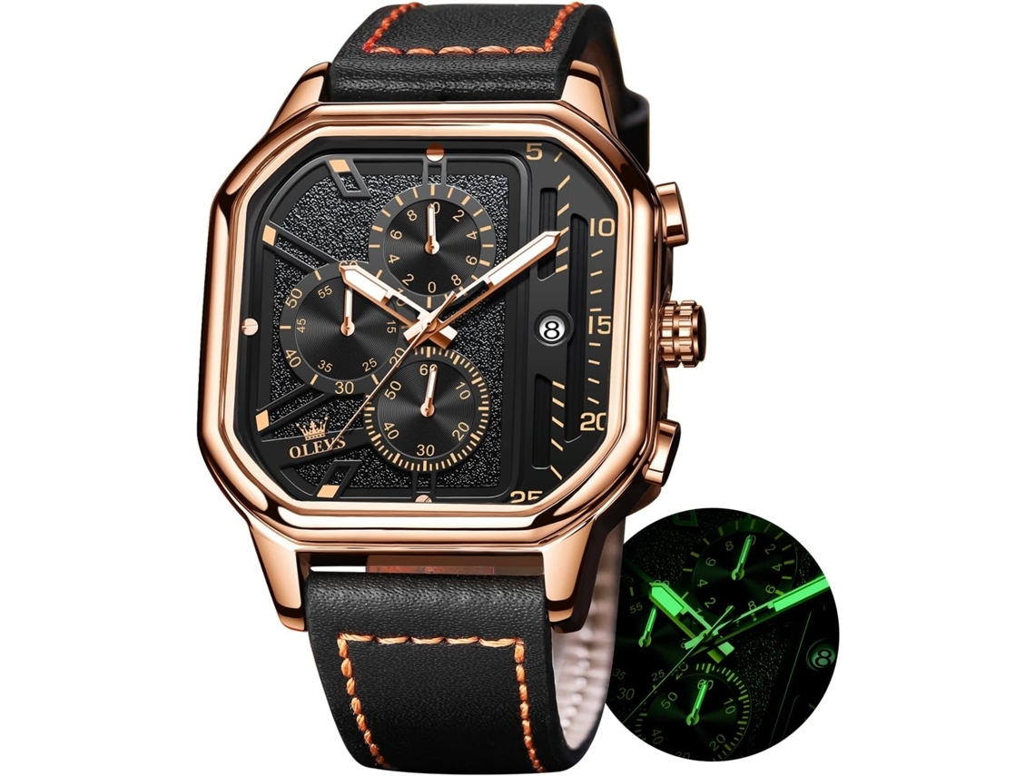 Relógio Luminoso À Prova DÁgua Da Moda com Cronógrafo de Couro Quadrado Masculino rosa