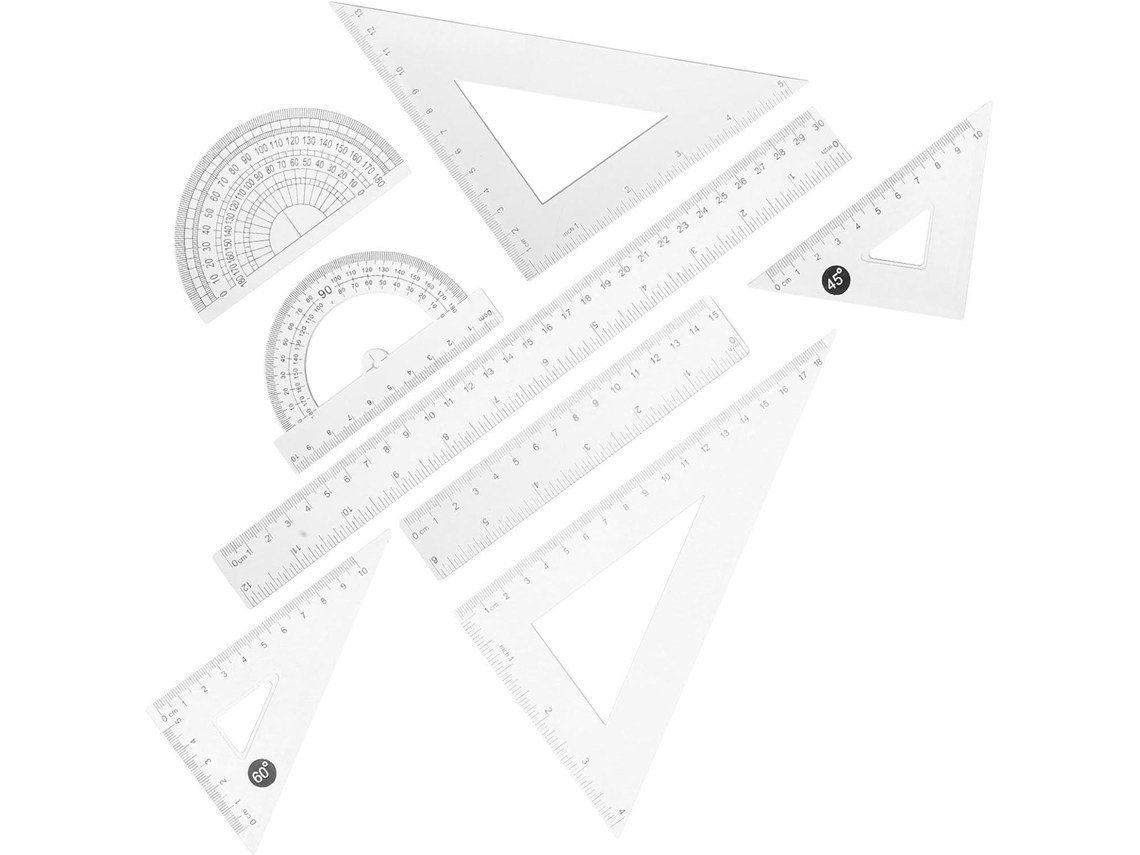 Conjunto De 8 Peças Réguas Plástico Transparente Com Transferidor E Esquadro Para Estudantes, Fáceis De Guardar E