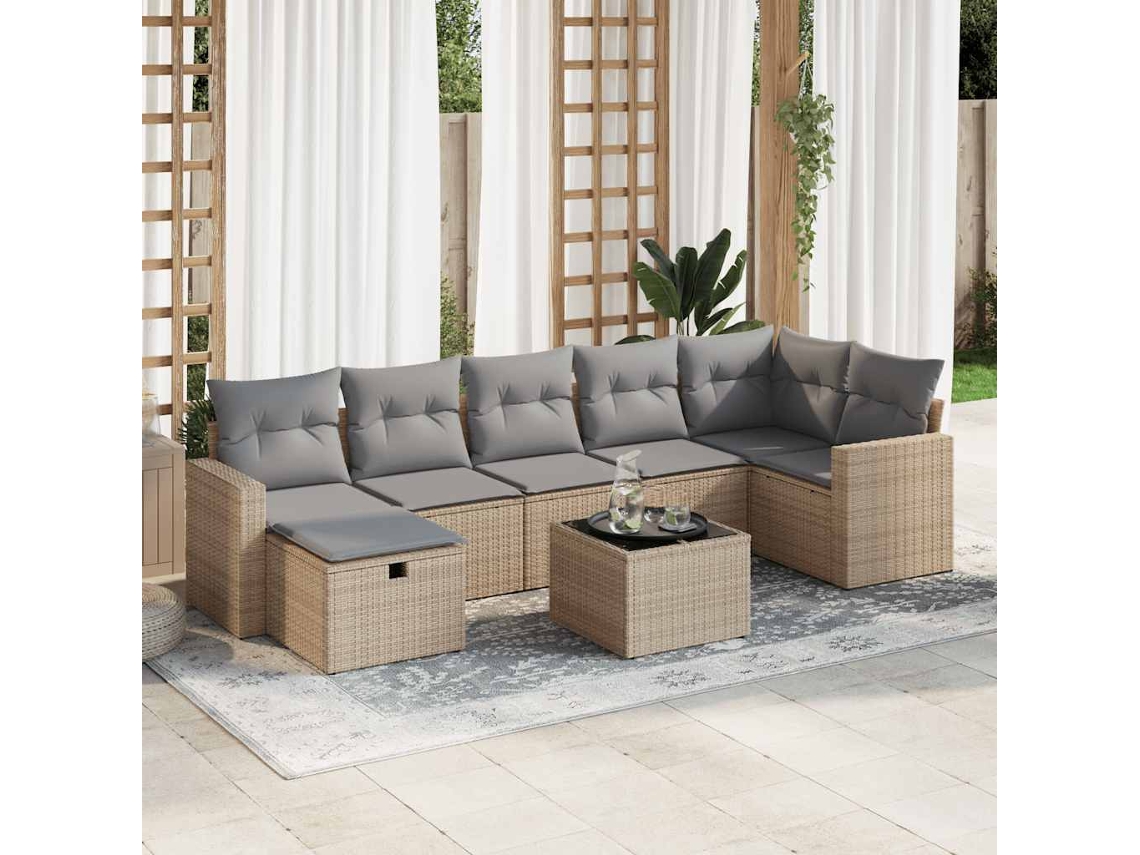 Vidaxl 8 Pcs Conjunto De Sofás P/ Jardim Com Almofadões Vime Pe Bege