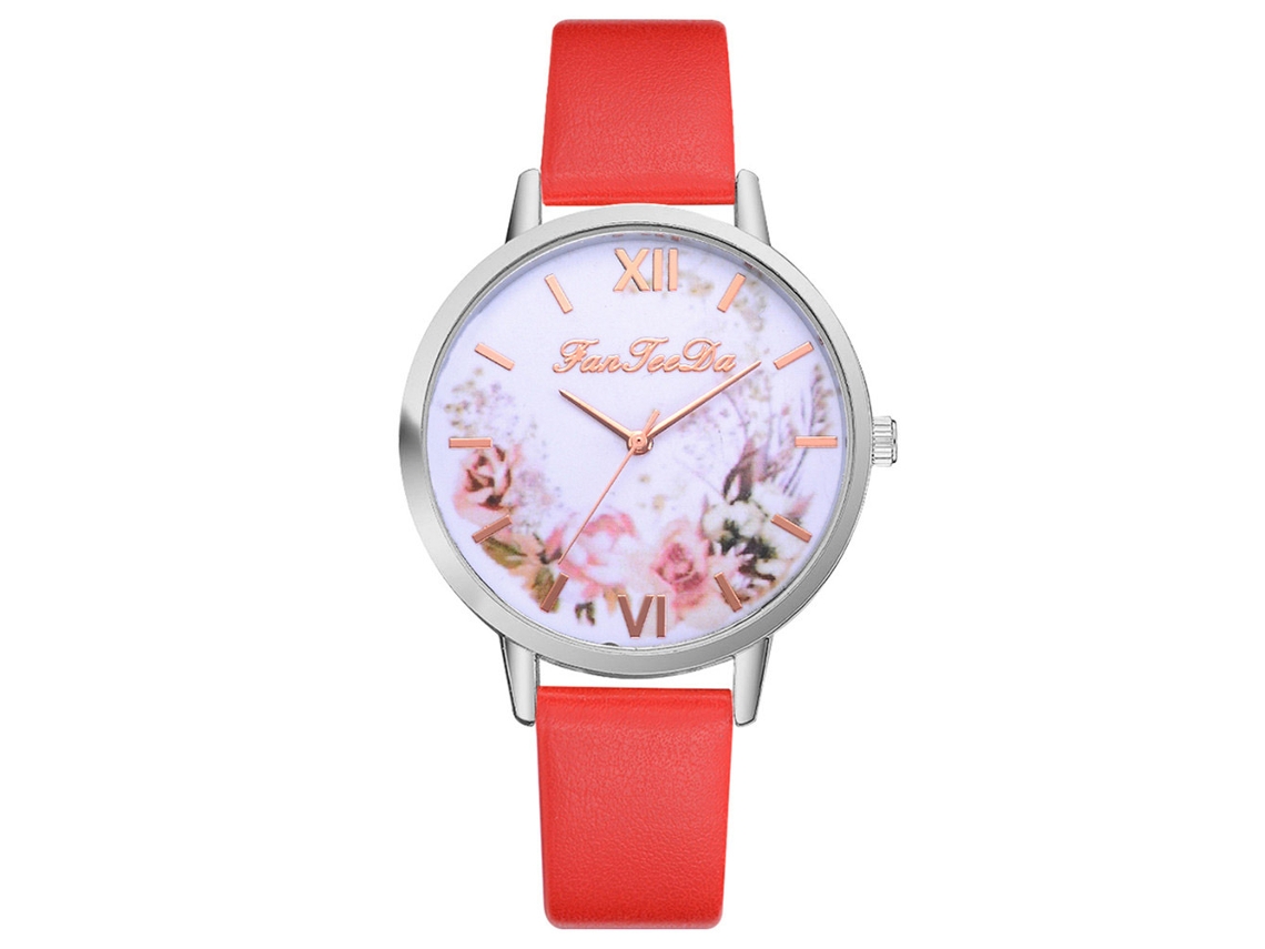 Relógio de pulso feminino Fanteeda com mostrador redondo e estampa floral, em couro PU vermelho.