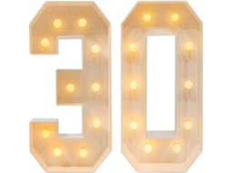 Placa de aniversário gigante branca com o número 30, iluminada com mosaico de LED, 100 cm de altura.