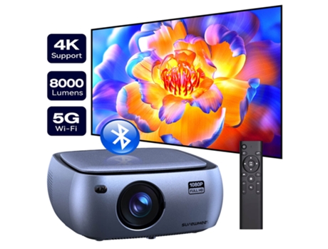 Projetor SUREWHEEL K10 1080P nativo suporte 4K ecrã 200 polegadas 5G WiFi Bluetooth 5.0 12000 lúmens função de zoom correção keystone