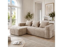 Sofá Seccional Moderno, L-shaped, 3 Lugares, Chenille Com Chaise Longue E Braços, 3 Almofadas, Bolso Lateral, Cáqui