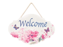 Placa de Madeira Nova Line com Padrão de Flores, Decorativa, Boas-vindas
