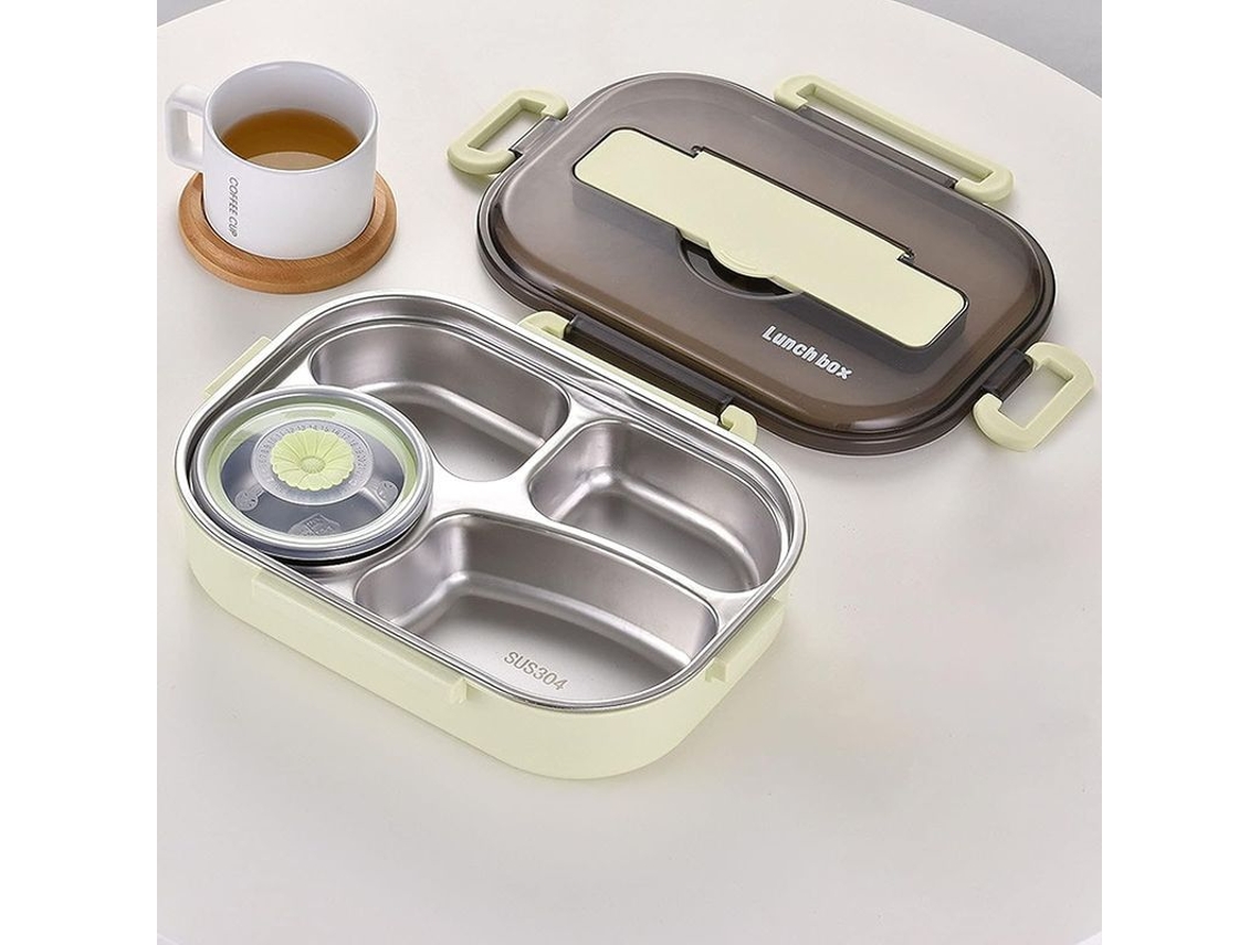 Marmita Rebe-bento para crianças e estudantes com isolamento térmico e utensílios de aço inoxidável, 4 compartimentos, verde.
