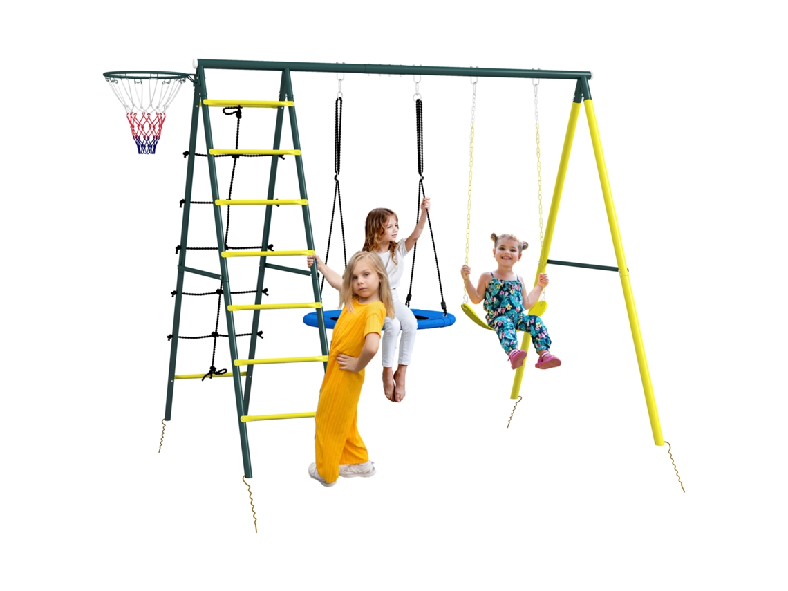 Conjunto de Balanço Infantil com 2 Balanços, Cesta de Basquete e Escada de Escalada, 267x180x202 Cm, Amarelo