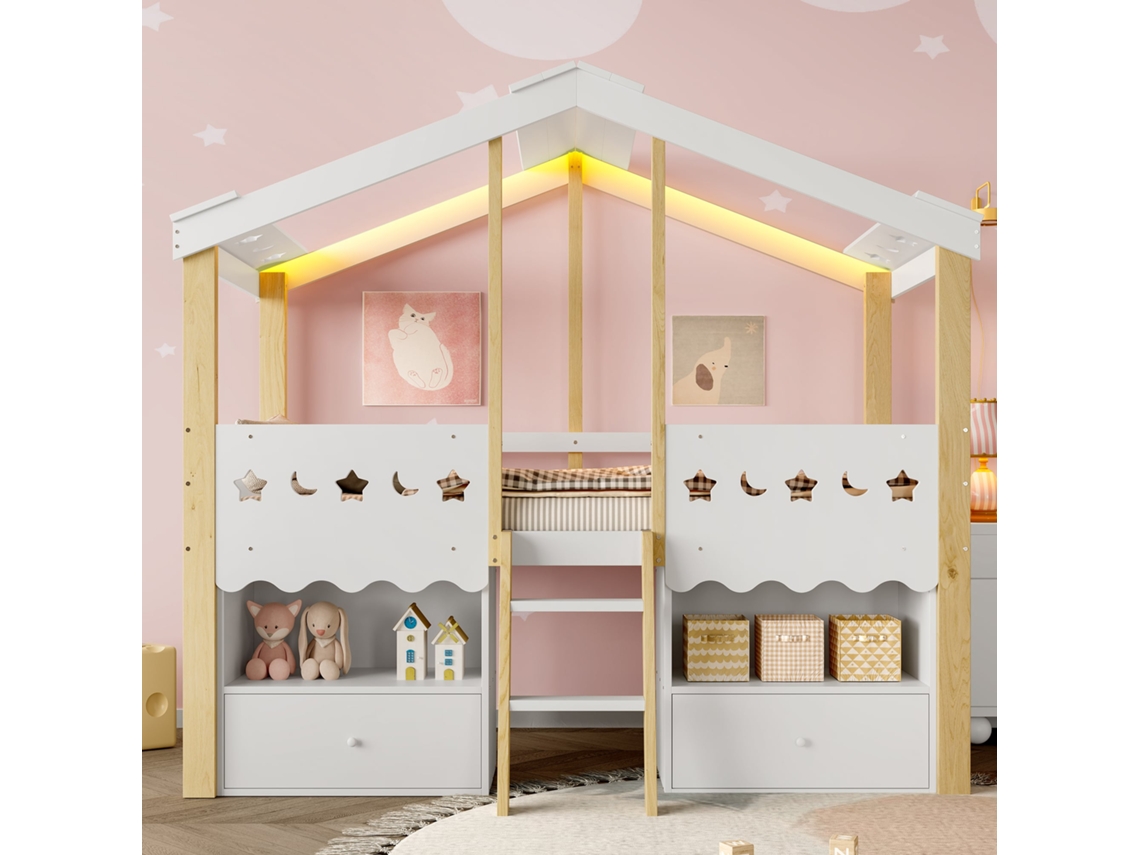 Cama semi alta 90x200cm formato casa, 2 gavetas, led, prateleiras, madeira maciça, segurança infantil, branco e natural KOMHTOM