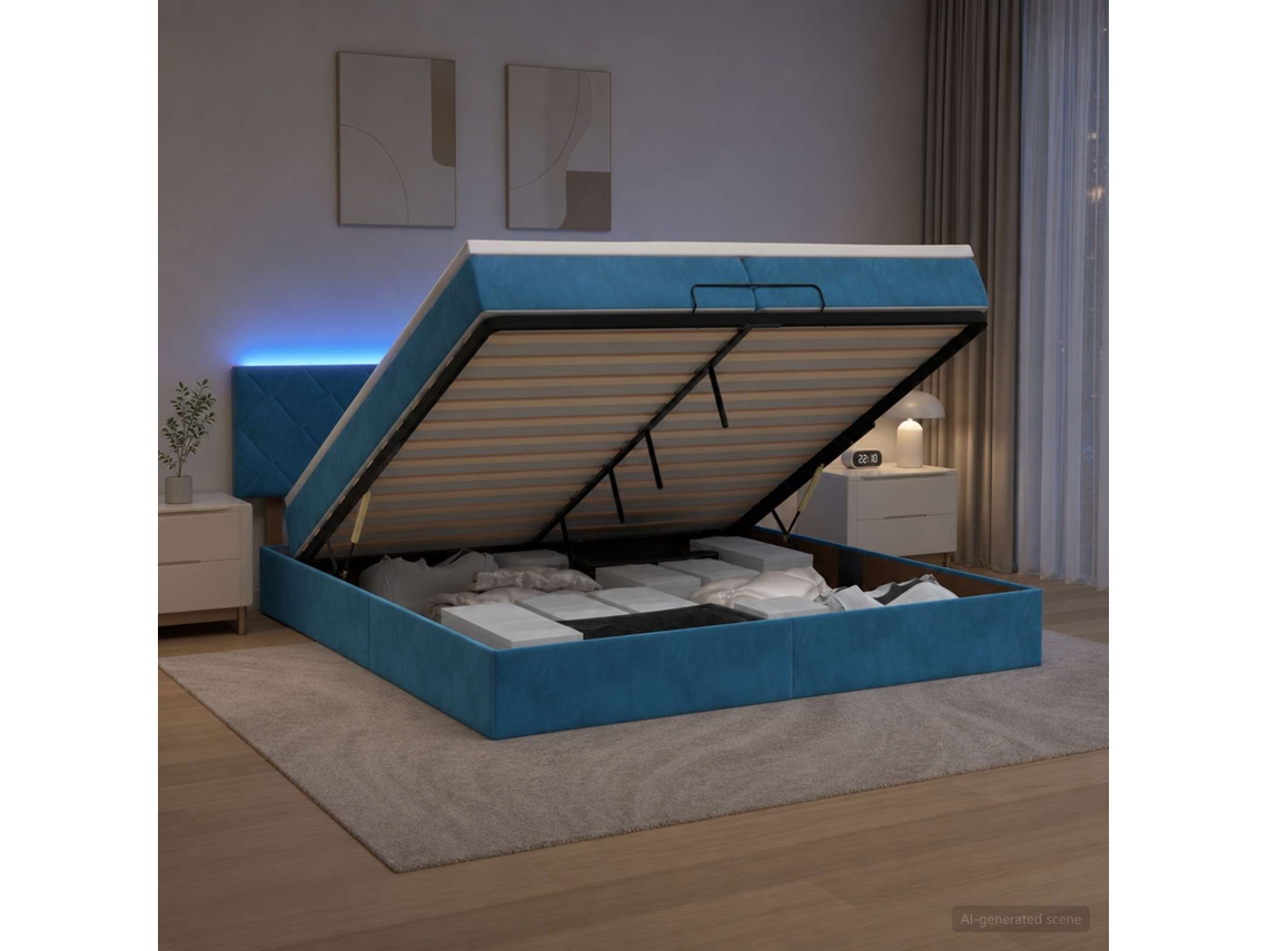 Vidaxl Cama Ottoman Com Colchão E Led Azul Escuro 200 X 200 Cm Veludo
