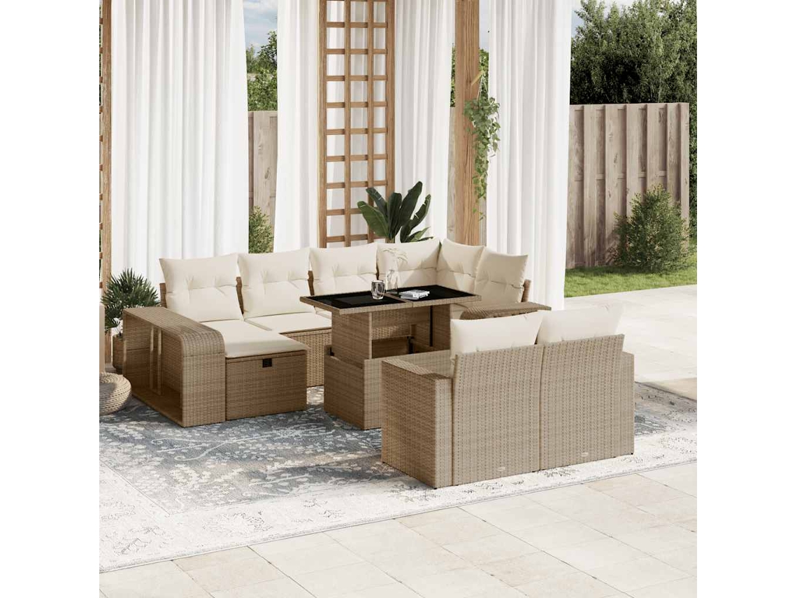 Vidaxl 11 Pcs Conjunto Sofás De Jardim C/ Almofadões Vime Pe Bege