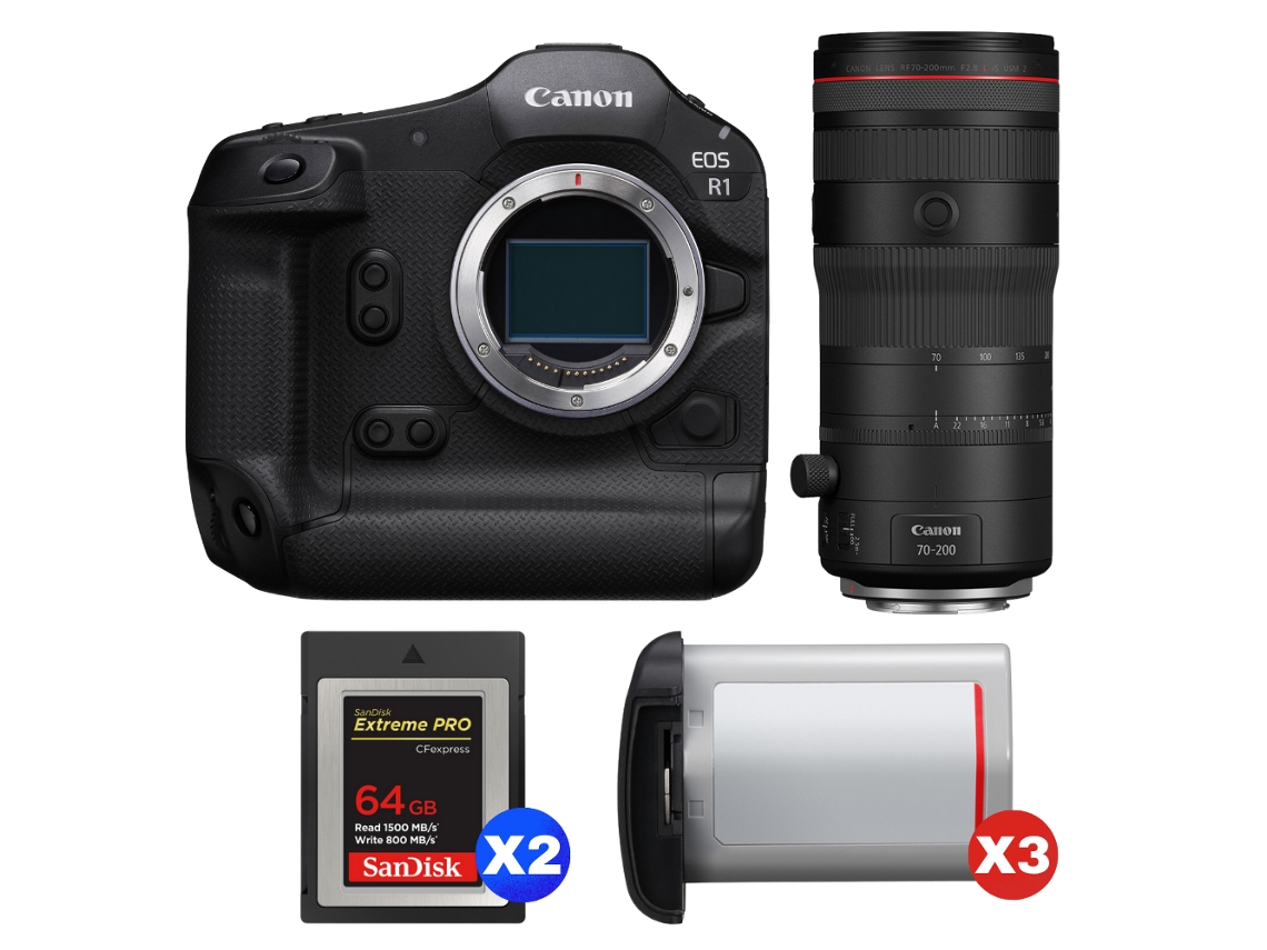 Eos R1 + Rf 70 200mm F/2.8 L Is Usm Z Preto + 2 Sandisk 64gb Extreme Pro Cfexpress Type B + 3 Canon Lp e19 + Ebook Pricedirect CANON