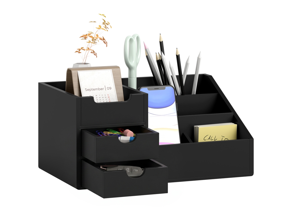Organizador Para Secretária De Bambu Multifuncional Para Escritório 33x20,5x15,5 Cm Preto