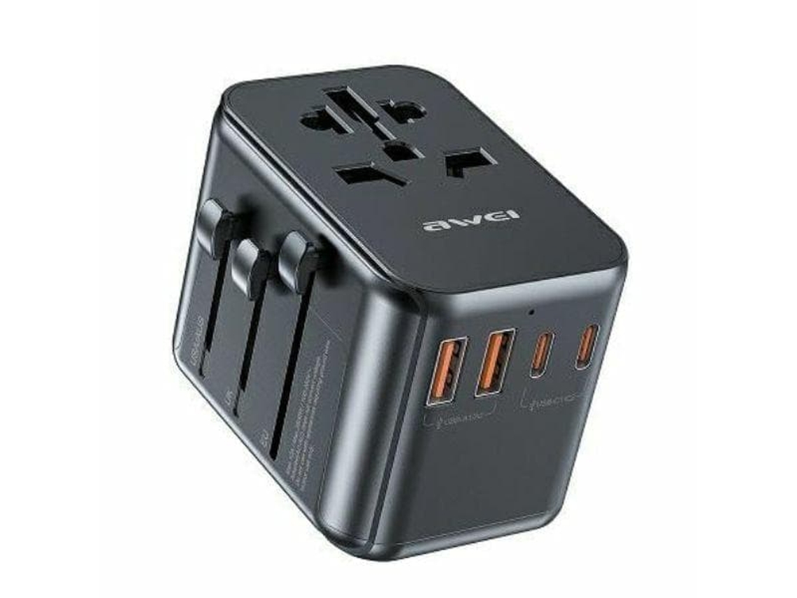 Adaptador De Rede Awei 2xusb+3xusb, C, 39 35w 4 Em 1 Us/au/eu/uk Preto/ Preto Carregador Universal De Viagem Gan
