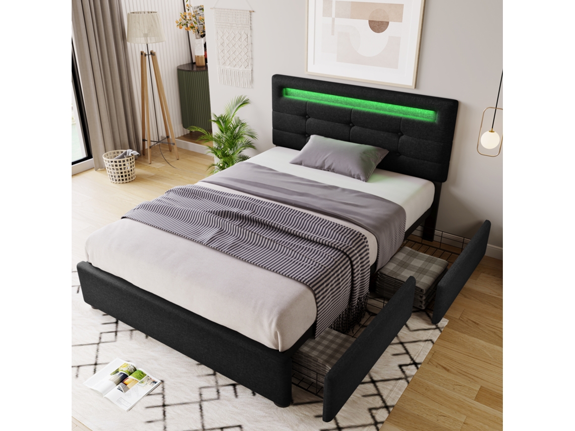 Cama 90x200 Preta Com Led E 2 Gavetas