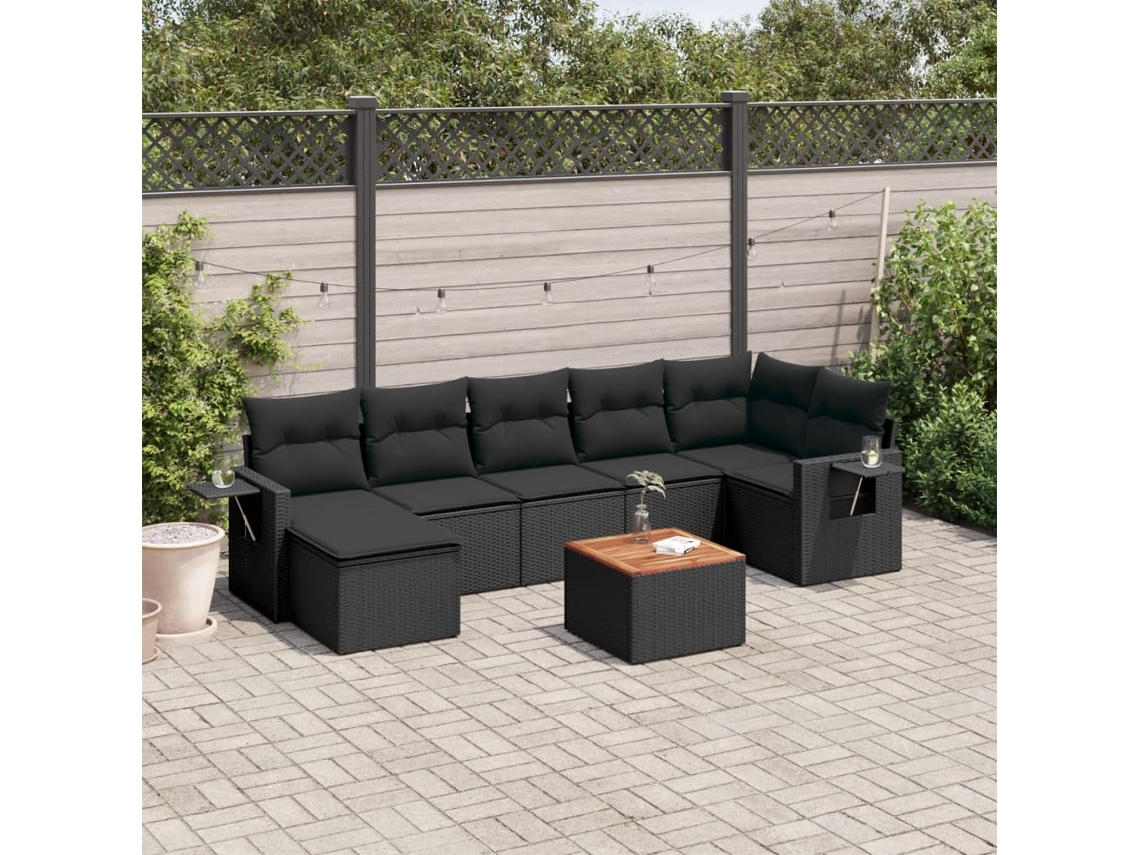 Vidaxl 8 Pcs Conjunto Sofás De Jardim Com Almofadões Vime Pe Preto