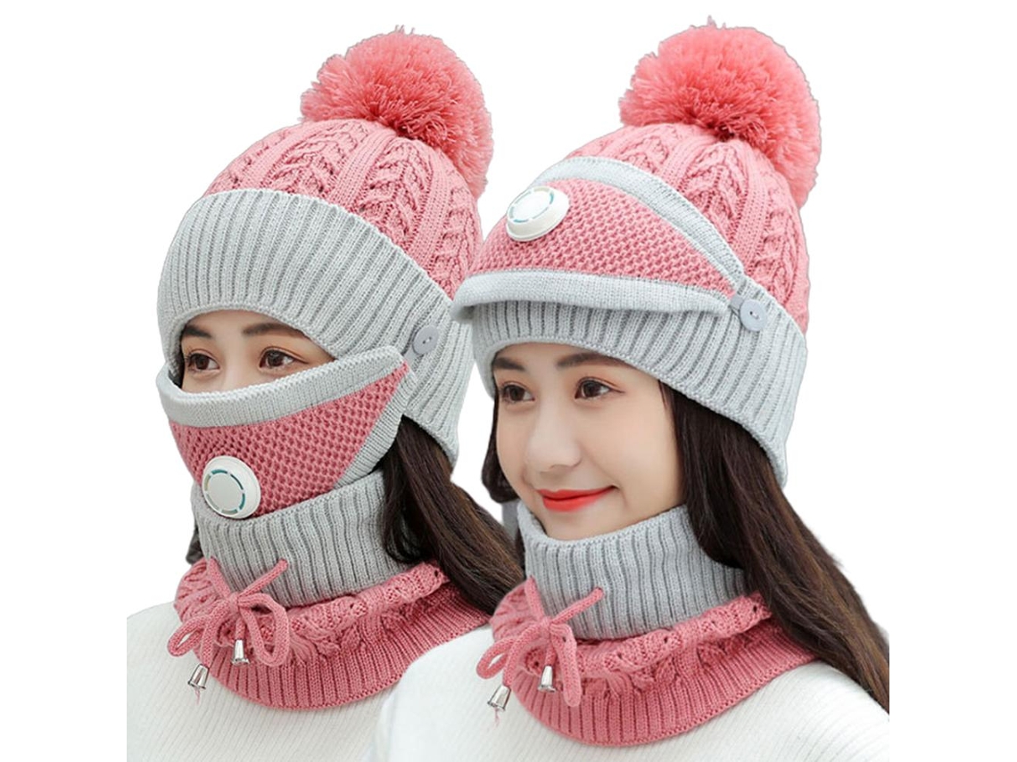 Conjunto De Chapéu De Gola E Máscara De Inverno 3 Em 1 Tejido Quente Com Forro Polar Para Mulheres Ski Ciclismo
