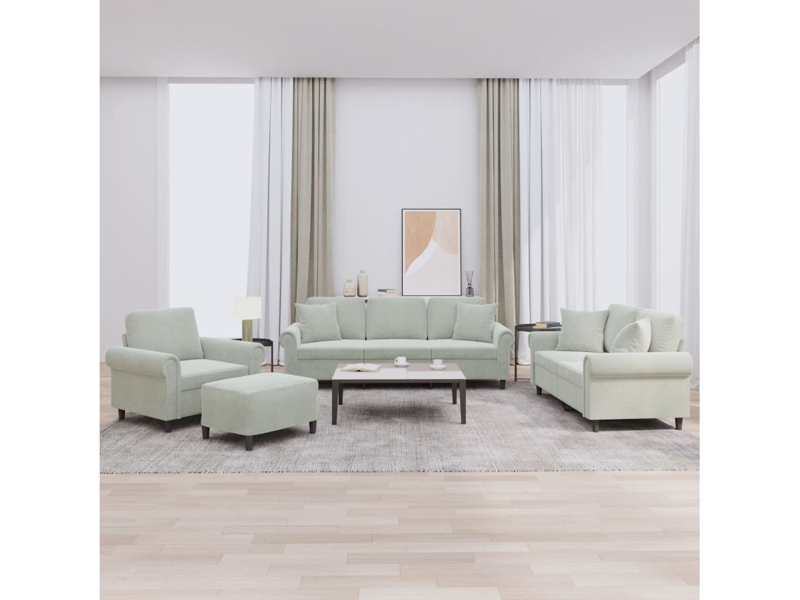 Vidaxl 4 Pcs Conjunto De Sofás Com Almofadas Veludo Cinzento-claro