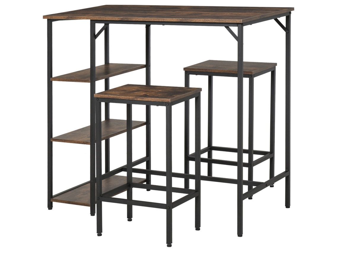 Conjunto de mesa de bar e 2 banquetas com apoio de pés,prateleiras de 3 níveis,109x60x100cm,marrom rústico BTFORUS