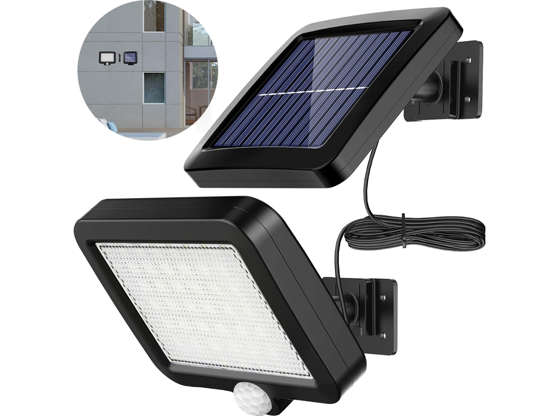 Luminária solar externa Brilvibera com 56 LEDs e sensor de movimento.