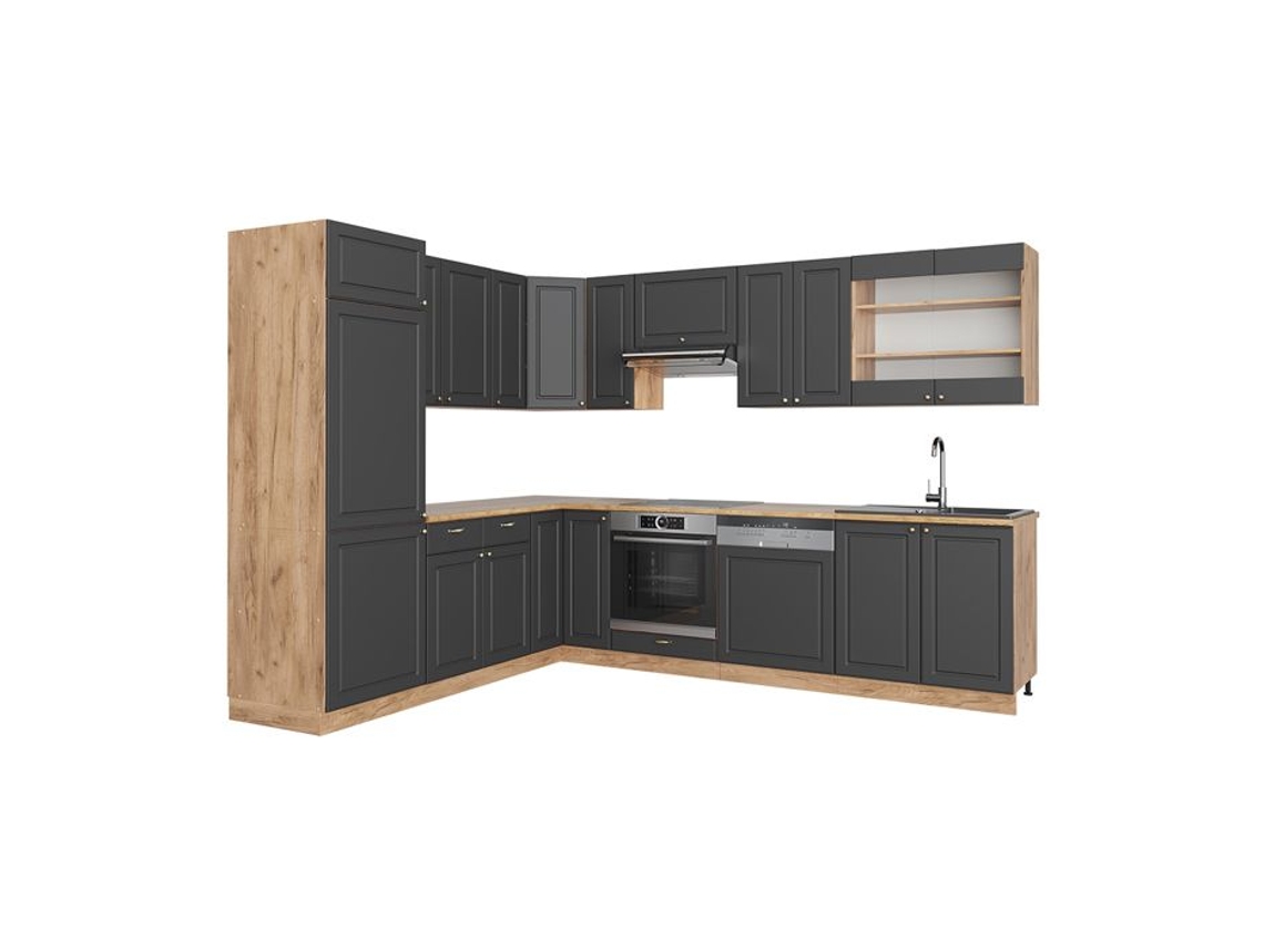 Cozinha de canto Fame-Line, 227 x 60 cm sem bancada, Country Antracite/Carvalho Dourado, Vicco