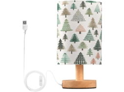 Abajur De Cabeceira Em Formato Árvore Natal Aquarela, Pequeno, Com Led, Portas USB E Cúpula Têxtil, Ideal Para Quarto