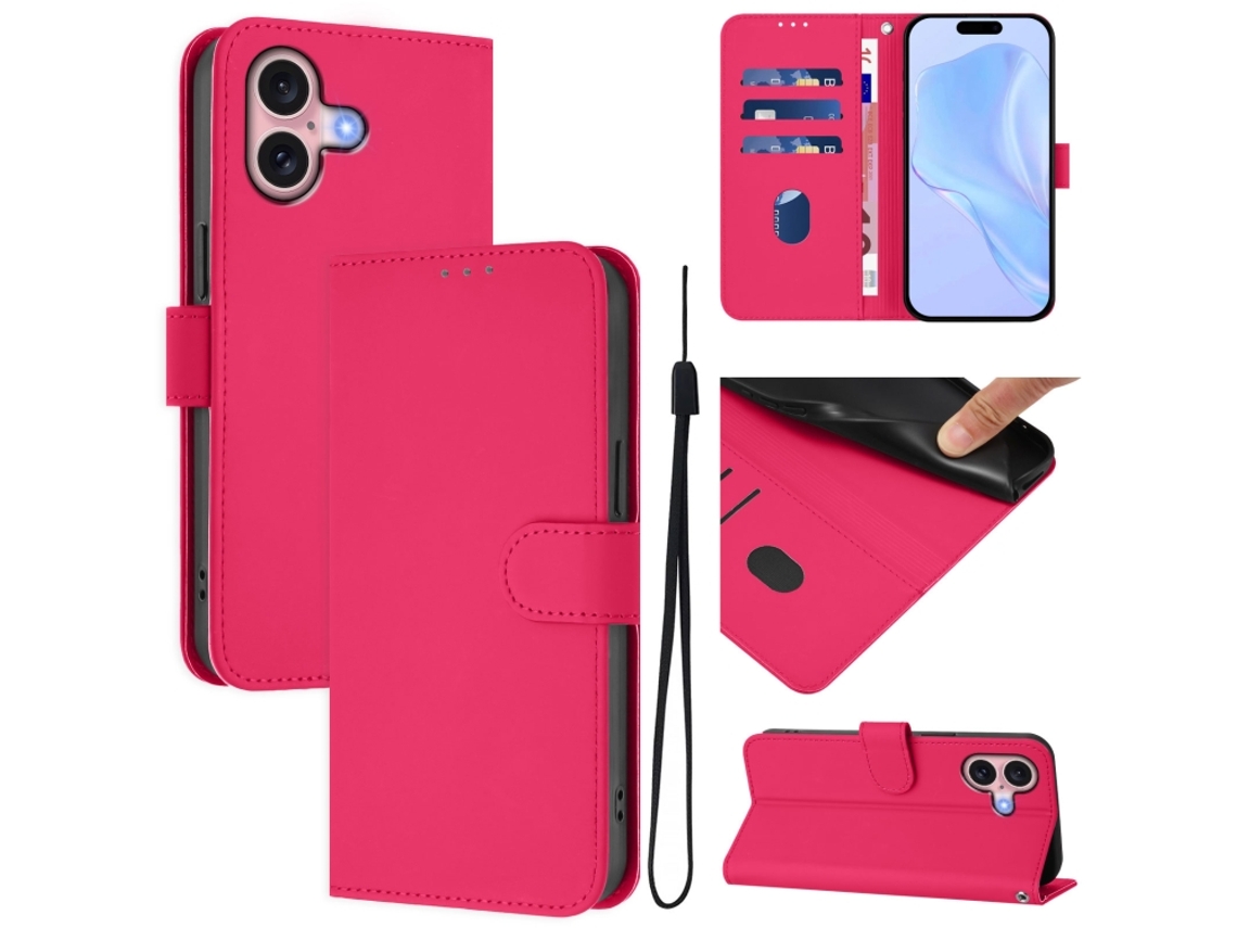 Capa De Couro Sintético Para Iphone 16 - Toque Suave - Cor Sólida - Com Cordão