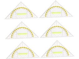 Conjunto de desenho multifuncional com 6 peças, régua triangular com números nítidos, ideal para matemática e arquitetura.