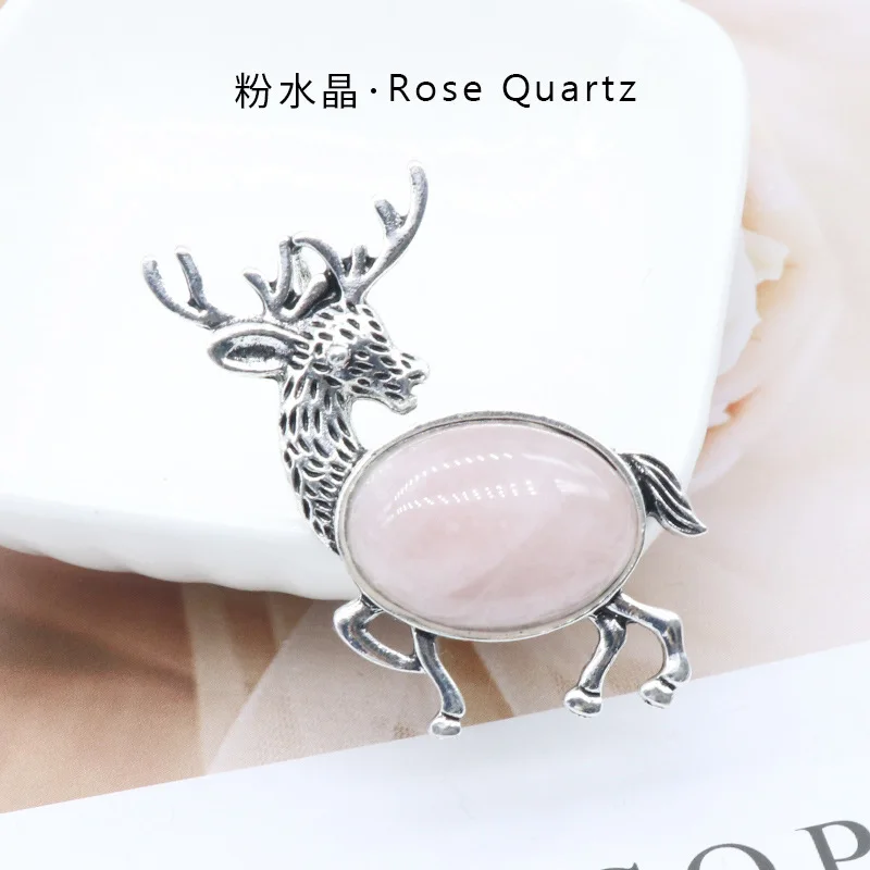 Colar com Pingente de Veado Vintage da Floresta , Broche de Lapela em Concha de Pedra Preciosa Natural MDUG (quartzo Rosa)