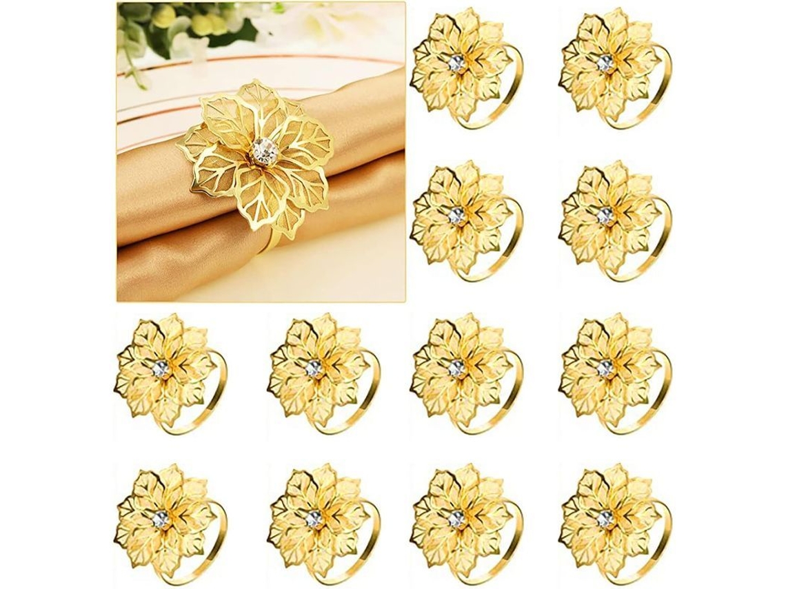 Anéis Para Guardanapos Linjou Florais Dourados Com Pedras Falsas, 12 Unidades, Decoração Para Casamentos E Natal