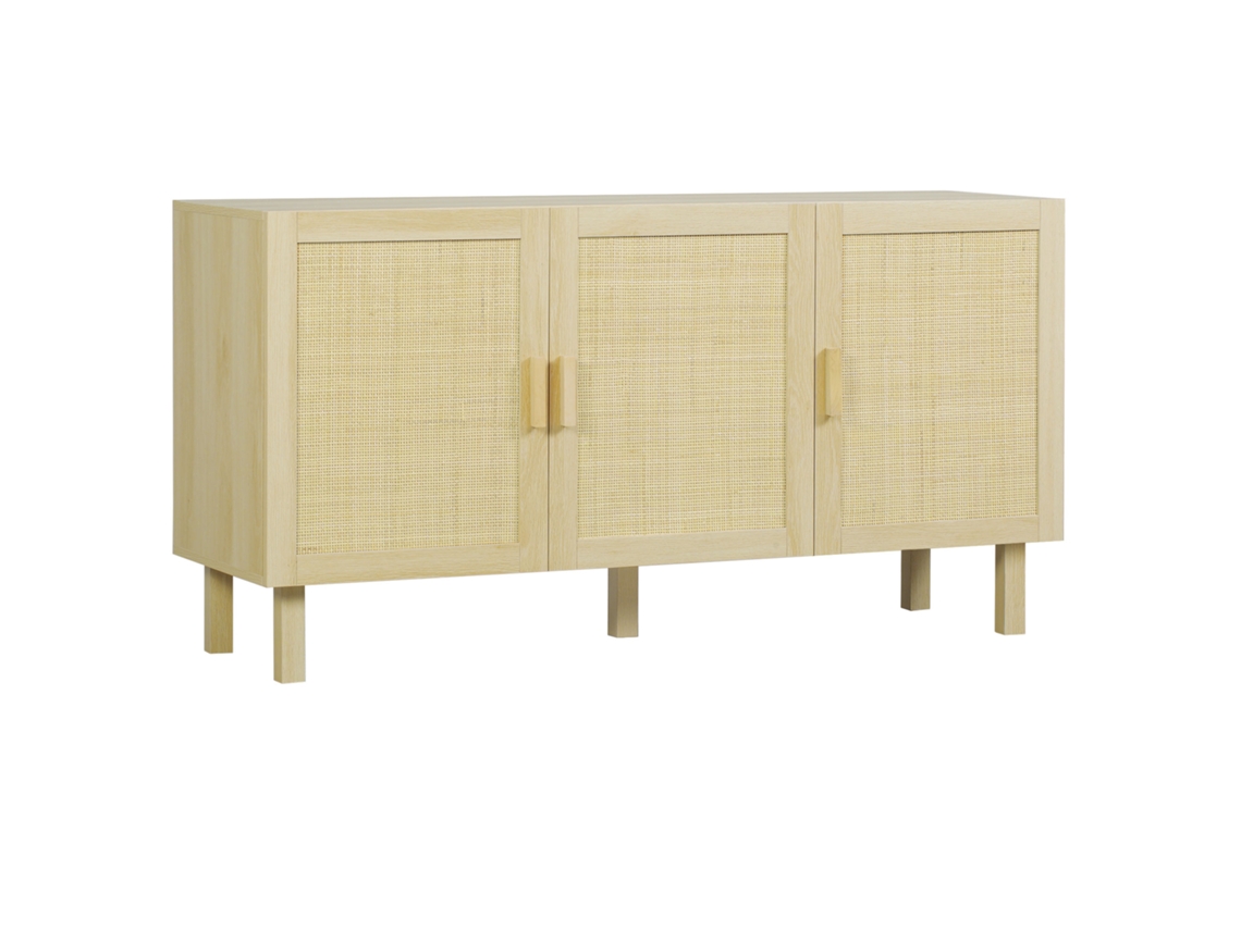 Aparador De Vime Com 3 Portas E Prateleiras Ajustáveis Para Sala De Jantar, Hall De Entrada E Quarto, Cor Natural, 136x41x70 Cm