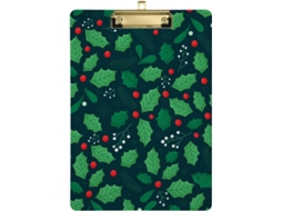 Prancheta de Acrílico com Folhas Azevinho Natalino Verde, Elegante para Professores do Primeiro Ano. 31,8 X 22