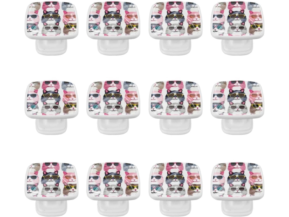 Puxadores Quadrados Para Armários De Cozinha, Puxadores Para Armários E Gavetas, 12 Peças, Desenhos De Gatos Engraçados