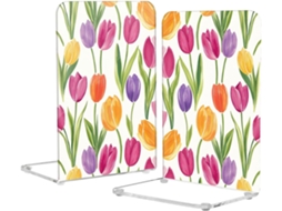 Suporte Para Livros Em Acrílico Branco Com Estampa De Tulipas Aquarela, Ideal Para Escritório E Casa Possui Base