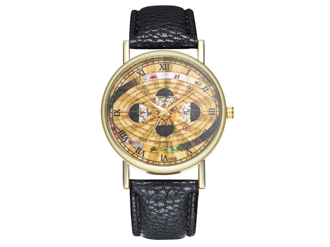 Relógio de pulso Zhoulianfa Quartz com pulseira de PU e mostrador redondo com padrão espacial (preto)