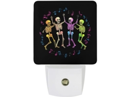 Luminária de parede LED colorida com esqueleto dançante e sensor crepuscular.
