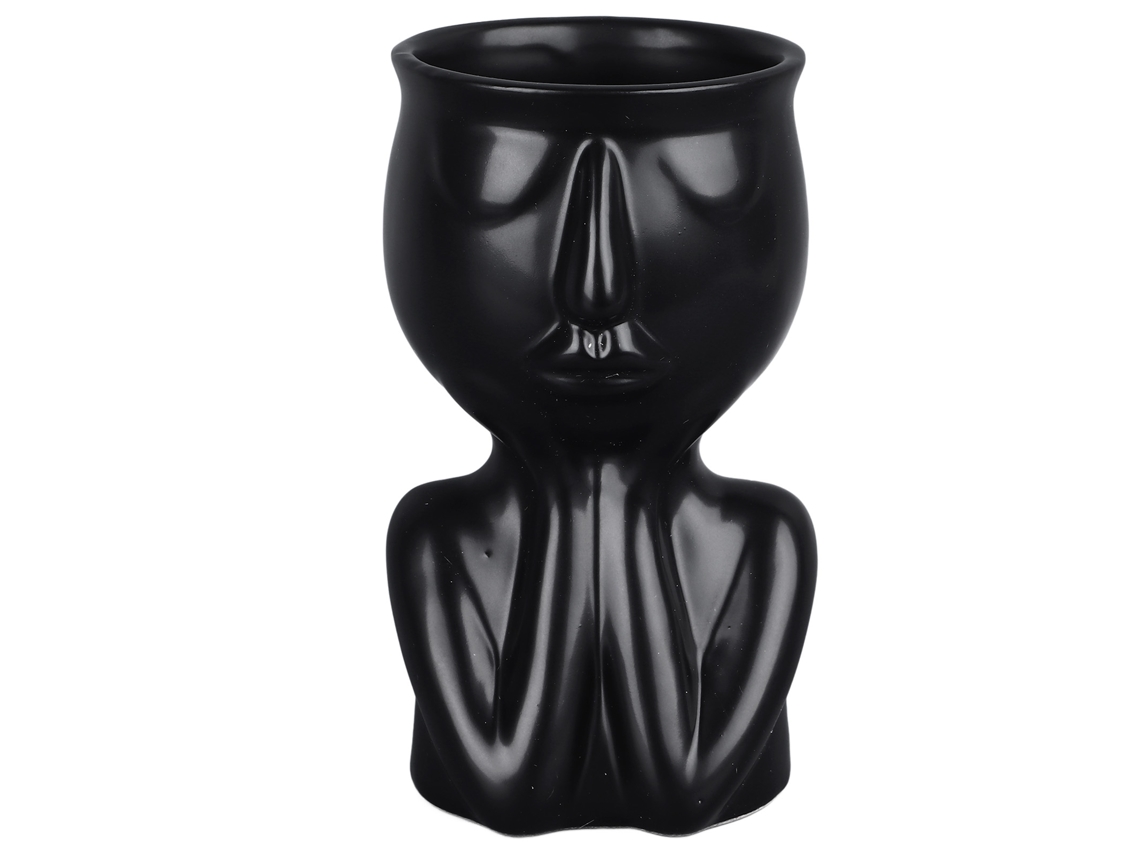 Vaso de cerâmica com rosto em estilo nórdico moderno e inovador para suculentas, ideal para casa, escritório, hotel e como enfeite de mesa. Cor preta.