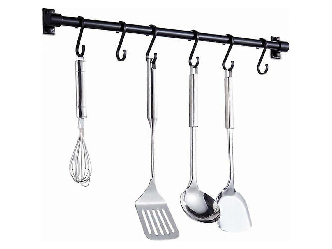 Barra Utensílios Cozinha 40 Cm 6 Ganchos Removíveis Preto