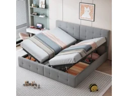 Cama de casal multifuncional 180x200 cm com arrumação hidráulica de grande capacidade, revestida em veludo cinza VSOGA