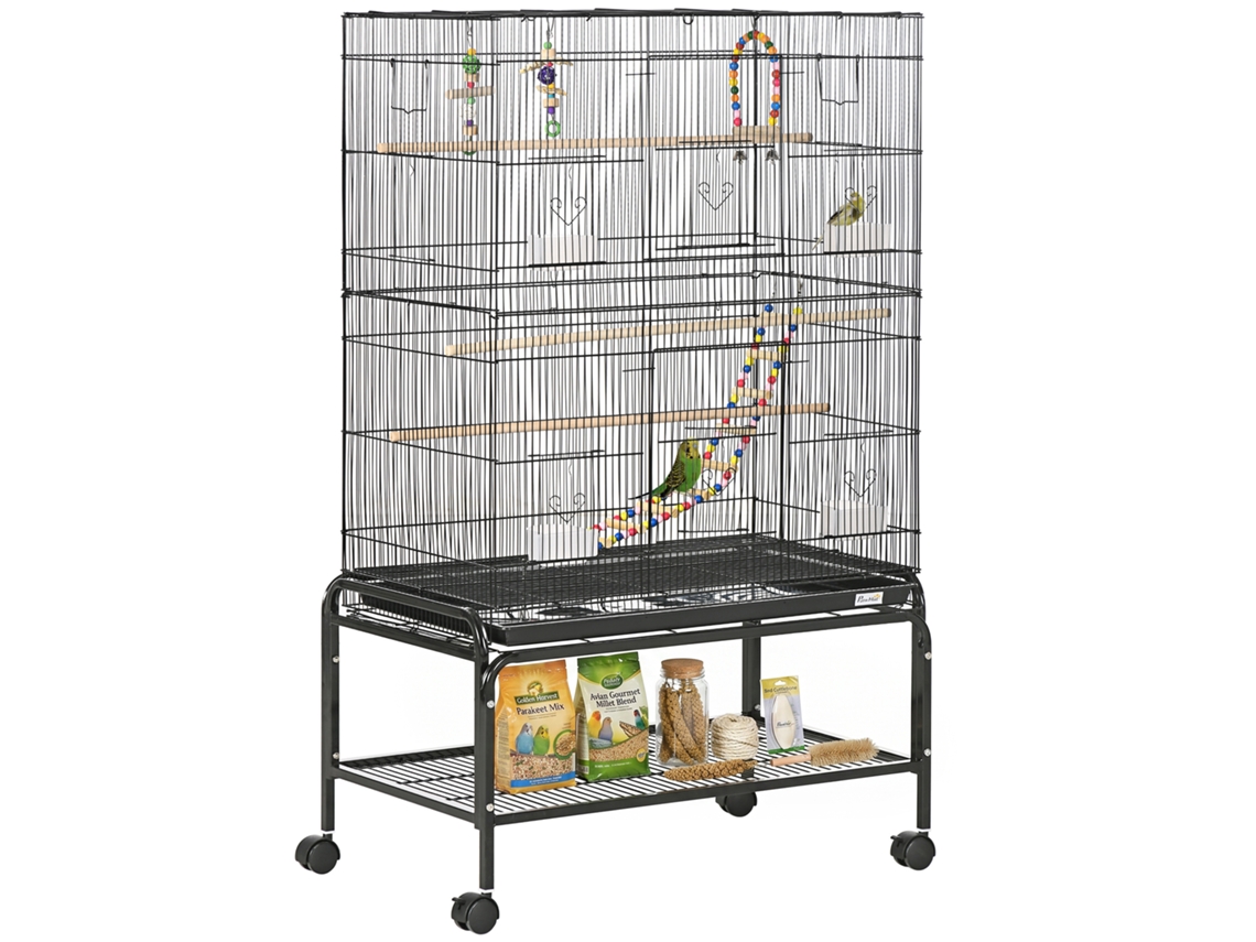 Gaiola De Aço Para Pássaros Com Poleiros, Brinquedos, Comedouros E Bandeja, 79x49x133 Cm, Preta.