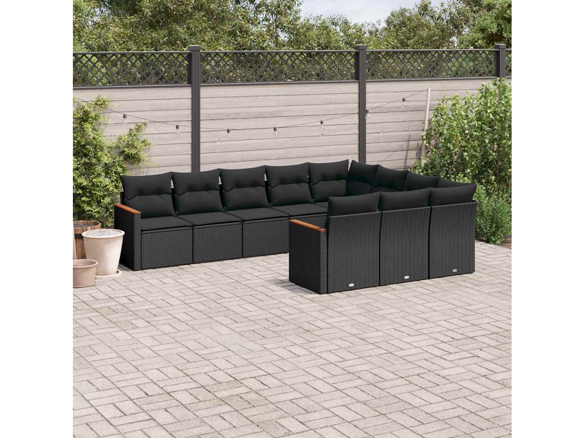 Vidaxl 10 Pcs Conjunto Sofás De Jardim C/ Almofadões Vime Pe Preto