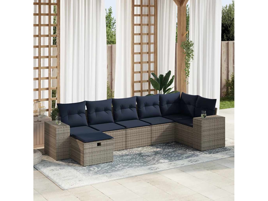 Vidaxl 7 Pcs Conjunto Sofás P/ Jardim C/ Almofadões Vime Pe Cinzento