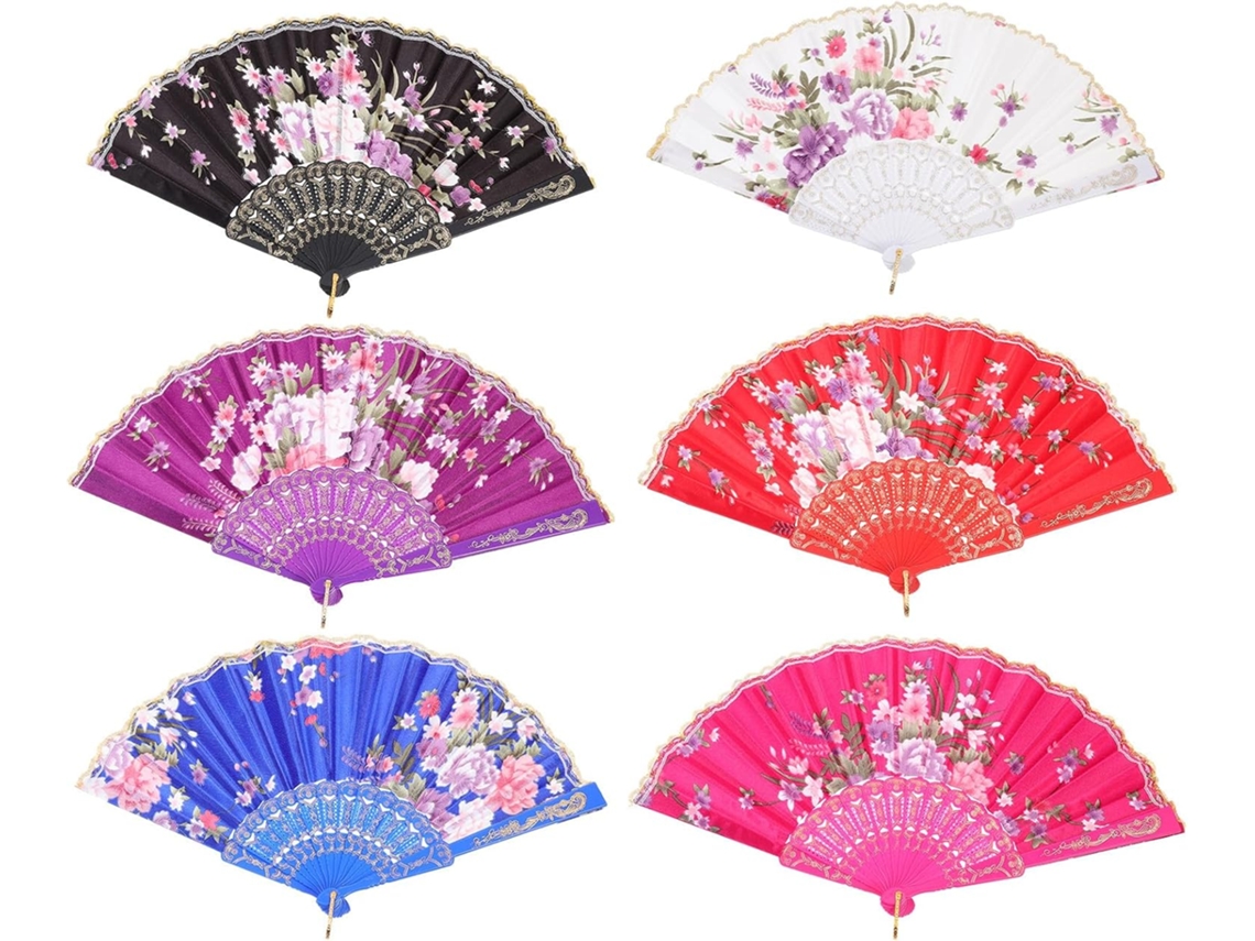 Leque dobrável vintage feito à mão, conjunto de 6 peças, em seda com estampas florais, ideal para casamentos e festas dançantes.