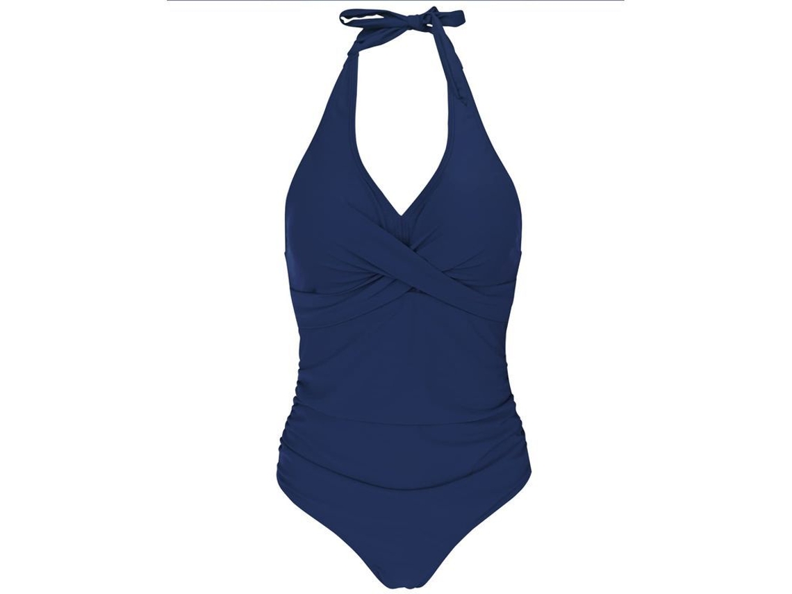 2026-traje De Banho Monokini Com Controle Abdominal, Gola Halter E Decote V Azul