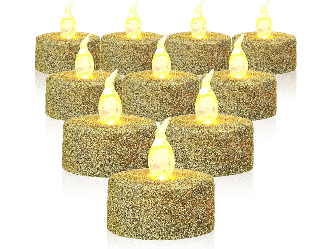 Conjunto De 12 Velas Decorativas De Led Sem Chama Com Acabamento Dourado Brilhante.
