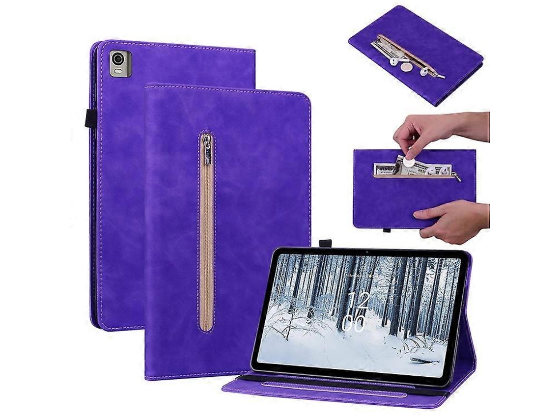 Capa Para Tablet Nokia T21 Em Couro Pu Com Bolso Com Zíper, Fecho Elástico, Suporte E Porta-cartões.