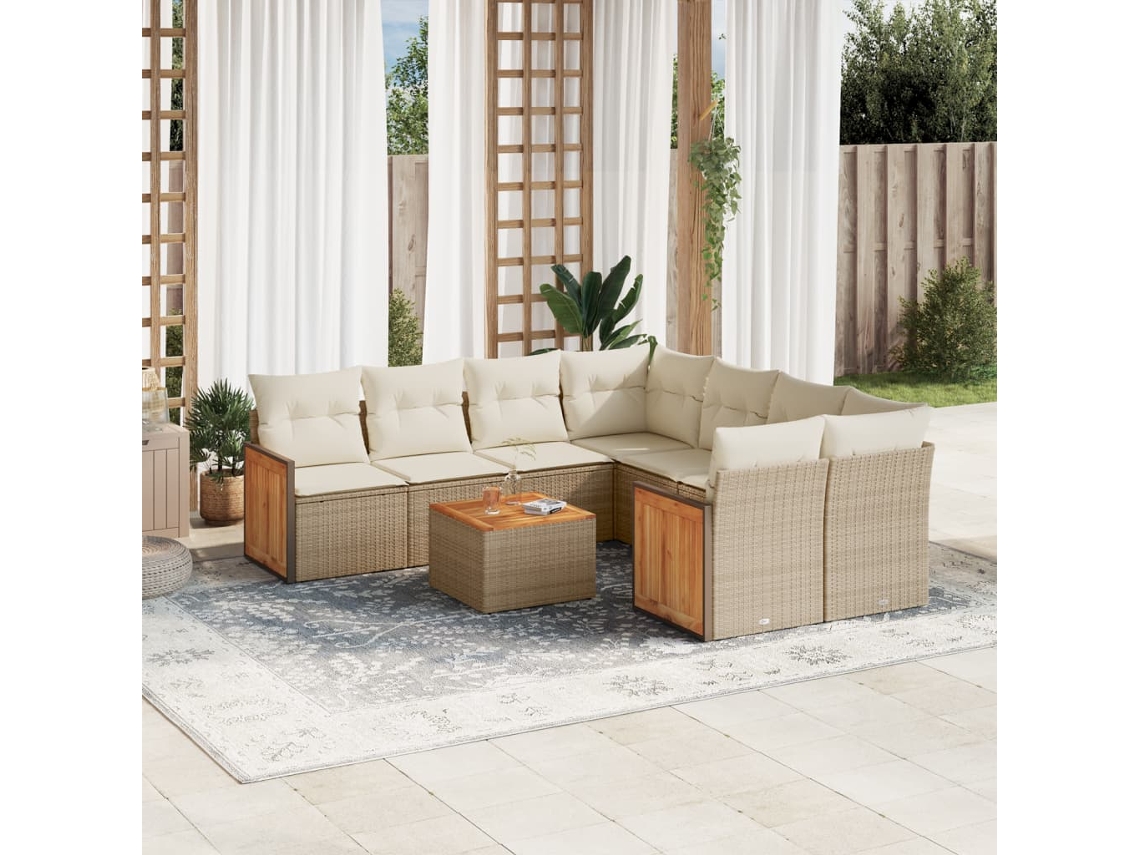 9 Pcs Conjunto De Sofás P/ Jardim Com Almofadões Vime Pe Bege Dkd Home Decor