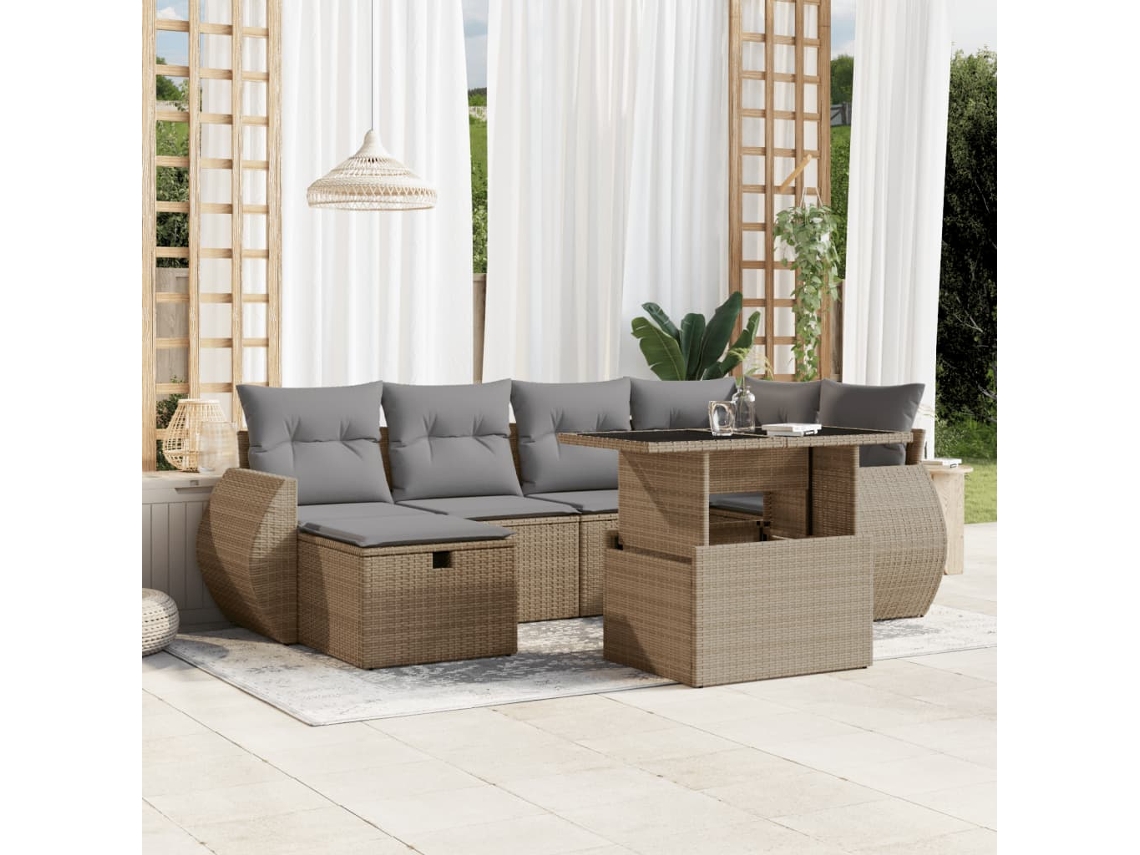 Vidaxl 7 Pcs Conjunto De Sofás P/ Jardim Com Almofadões Vime Pe Bege