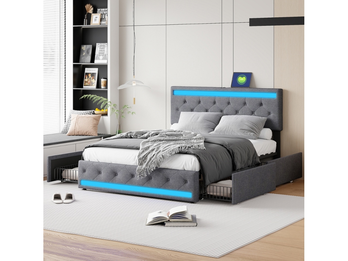 Cama Estofada 140x190 Cm com 4 Gavetas, Led e Usb, Cabeceira Ajustável, Linho Cinza BURSDANY