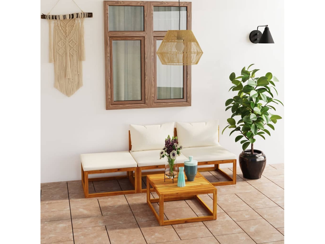 Vidaxl 4 Pcs Conjunto Lounge Jardim C/ Almofadões Acácia Maciça Creme